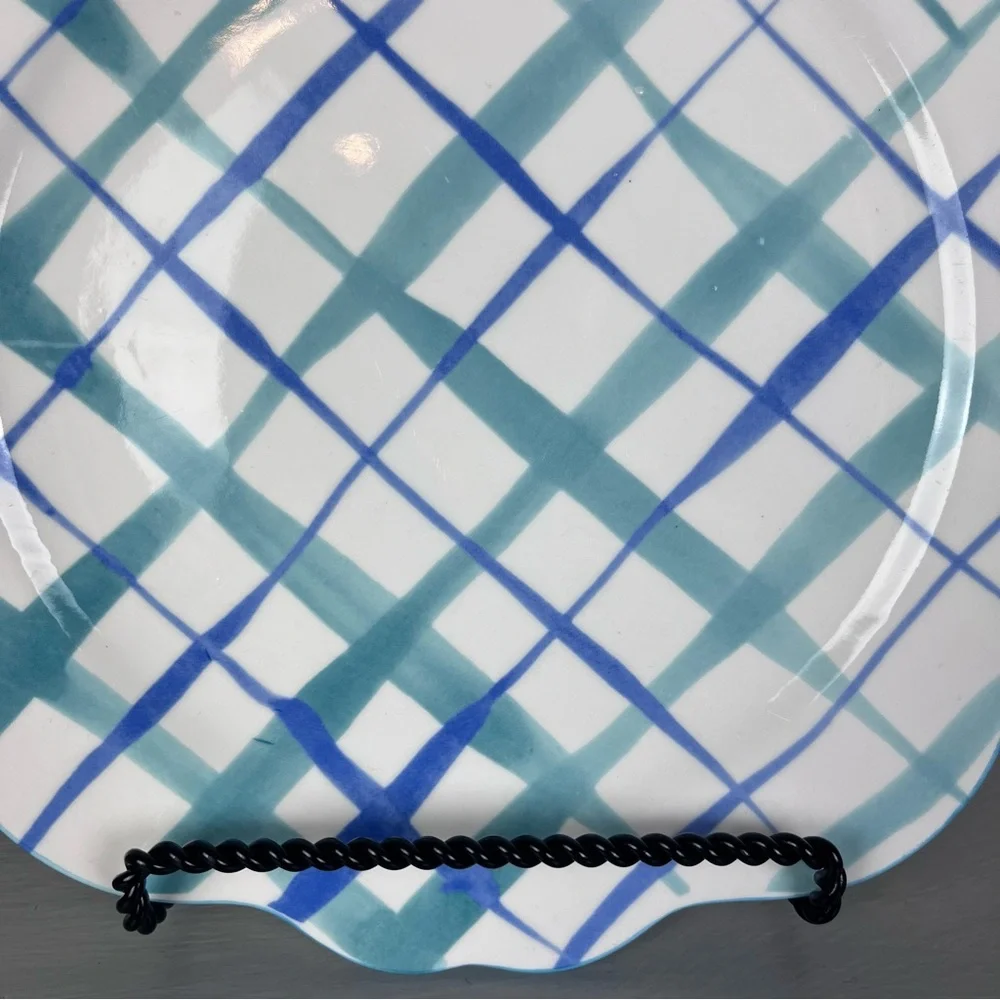 3 Bonjour ANTHROPOLOGIE HILDE Plaid White Blue Scallop Dinner Plate Cottagecore